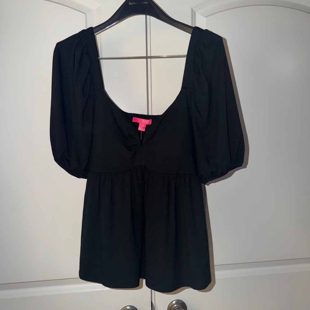 Lilly Pulitzer Floriana Knit Top Onyx Black Puff Sleeve Smocked Back XL NWT